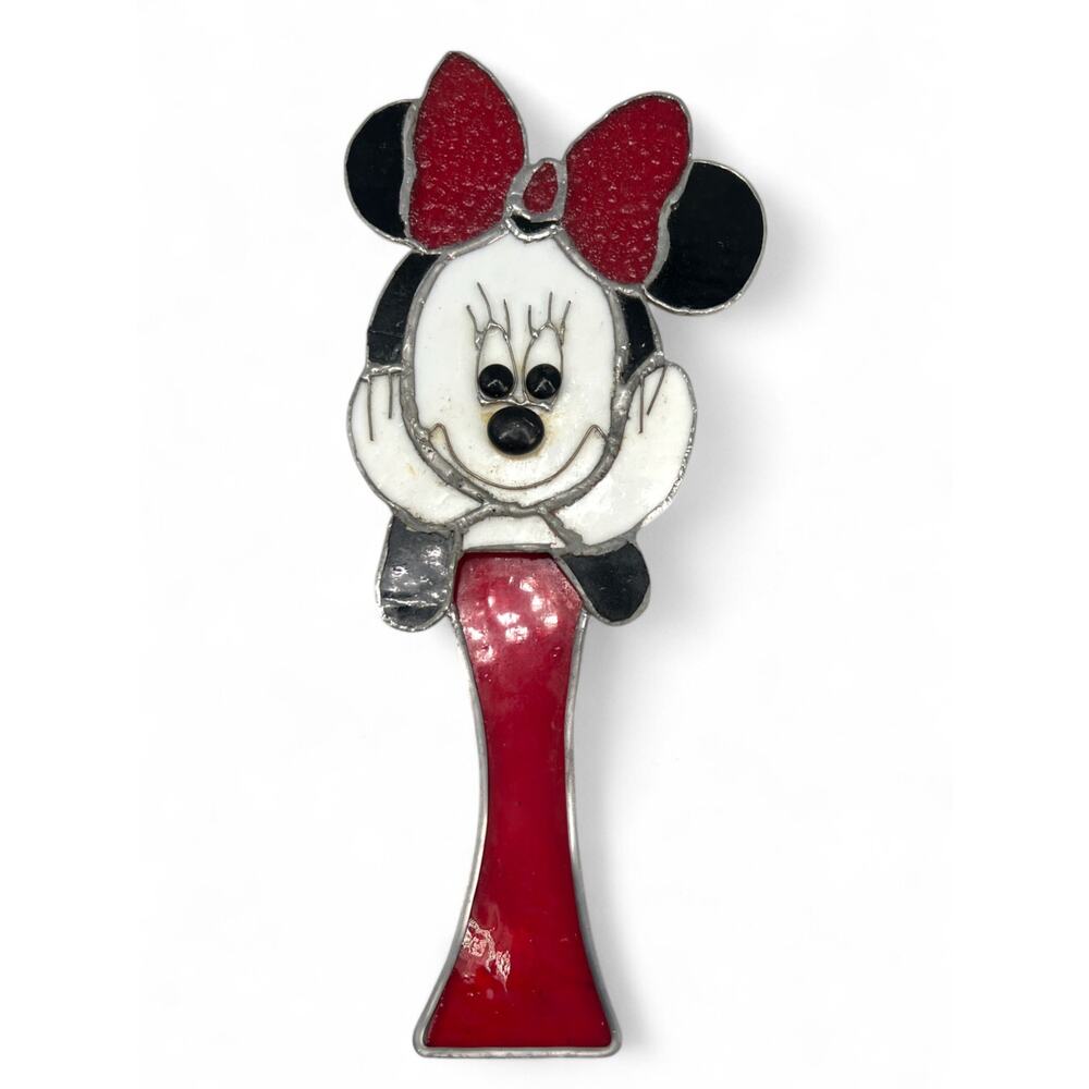 Vintage Handmade Minnie Mouse Stained Glass Hand Mirror Decor Disney Leaded 12"